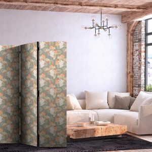 Paravent - Little Bouquets - Exotic Flowers and Leaves on a Gray-Green Background