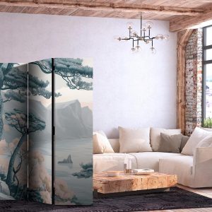 Paravent - Mountainous Coast with Trees and Rocks - in Light Pastel Blues