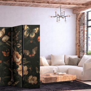 Paravent - Mysterious Garden - Butterflies Flying Over Flowers - Rustic Evening