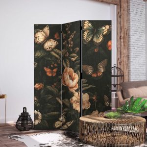 Paravent - Mysterious Garden - Butterflies Flying Over Flowers - Rustic Evening