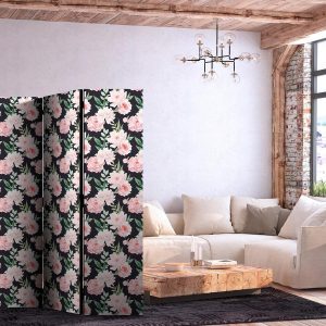 Paravent - Peonies - Pink Flowers and Green Leaves on a Graphite Background