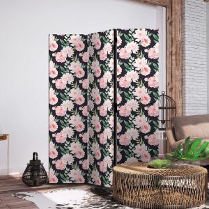 Paravent - Peonies - Pink Flowers and Green Leaves on a Graphite Background