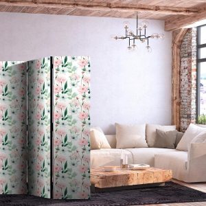 Paravent - Peonies - Pink and White Flowers and Green Leaves on a White Background