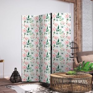 Paravent - Peonies - Pink and White Flowers and Green Leaves on a White Background