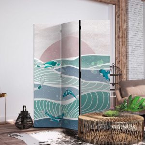 Paravent - Picturesque Landscape With Fish - Sunset And Koi Fish in Shades of Turquoise And Blue Floating Above The Water