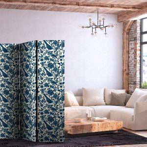 Paravent - Rose Vines - Monochromatic Blue Birds Resting Among Roses