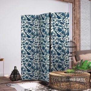 Paravent - Rose Vines - Monochromatic Blue Birds Resting Among Roses