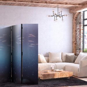 Paravent - School of Small Fish - Illuminated Oceanic Depth in Shades of Navy Purple and Gray with a Shoal of Tiny Fish