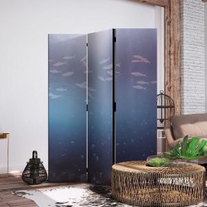 Paravent - School of Small Fish - Illuminated Oceanic Depth in Shades of Navy Purple and Gray with a Shoal of Tiny Fish