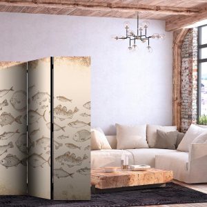 Paravent - Sketch of a Fish School - Sketches of Various Fish Species Swimming in a School on a Beige Background in Vintage Style