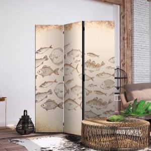 Paravent - Sketch of a Fish School - Sketches of Various Fish Species Swimming in a School on a Beige Background in Vintage Style