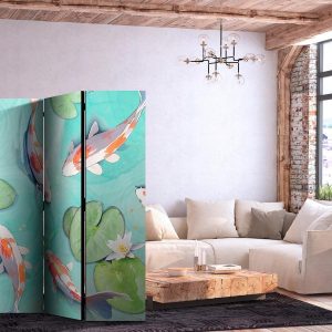 Paravent - Spectacular Fish - White-Orange Koi Fish Swimming in Crystal Clear Water with Water Lilies