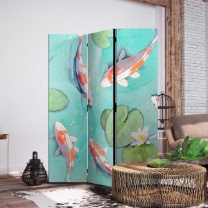 Paravent - Spectacular Fish - White-Orange Koi Fish Swimming in Crystal Clear Water with Water Lilies