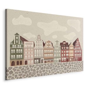 Tableau - Salt Square - Colorful Illustrated Townhouses Against a Cloudy Sky Background