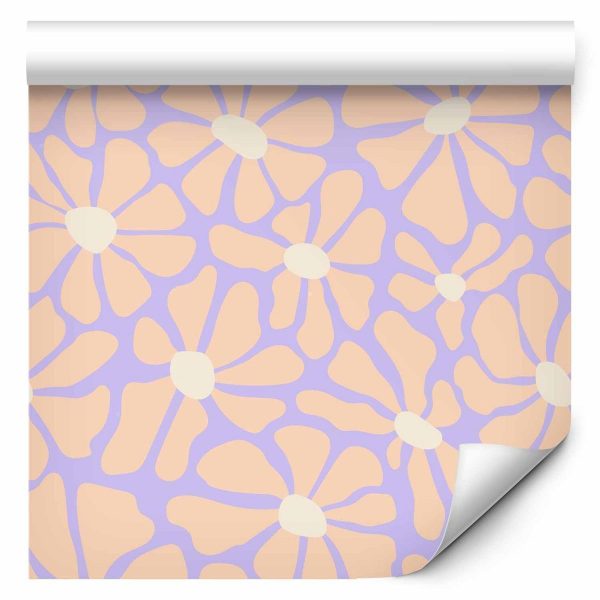Tapisserie murale - Cute Light-Beige Little Flowers - Small flowers with beige - undulating petals on a blue background