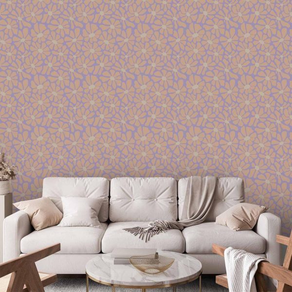 Tapisserie murale - Cute Light-Beige Little Flowers - Small flowers with beige - undulating petals on a blue background