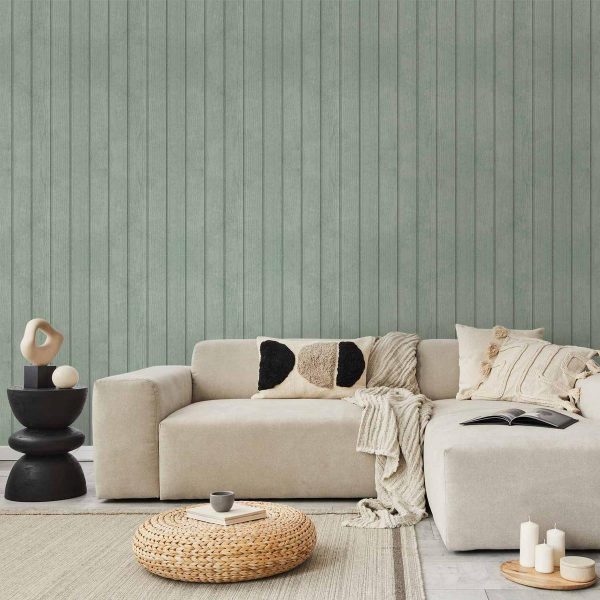 Tapisserie murale - Delicate Wood - Vertical stripes in a pastel green shade