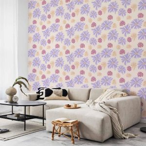 Tapisserie murale - Floating Flowers - Tiny - wind-borne flowers in three colors - on a light background