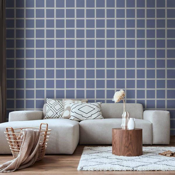 Tapisserie murale - Lines and Symmetry - Expressive White Grid on a Blue Background