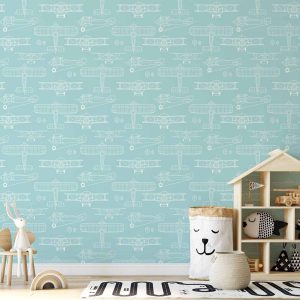 Tapisserie murale - Sketch - Outline of an airplane in white on a turquoise background