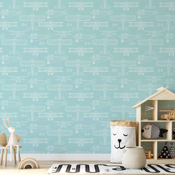 Tapisserie murale - Sketch - Outline of an airplane in white on a turquoise background