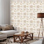 Tapisserie murale - Beige flowers and butterflies on white background