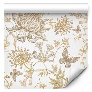 Tapisserie murale - Beige flowers and butterflies on white background