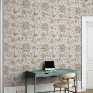 Tapisserie murale - Beige flowers and butterflies on white background