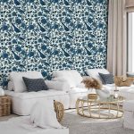 Tapisserie murale - Birds and roses - monochrome blue pattern with botanical motif