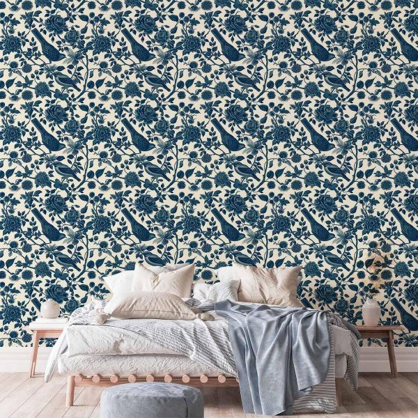 Tapisserie murale - Birds and roses - monochrome blue pattern with botanical motif