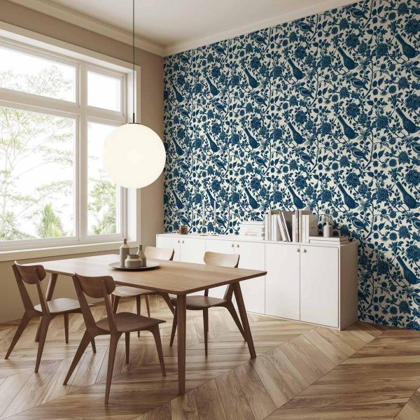 Tapisserie murale - Birds and roses - monochrome blue pattern with botanical motif