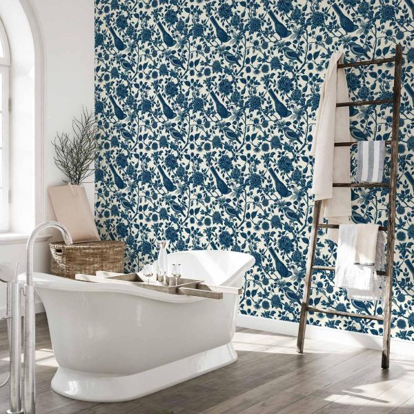 Tapisserie murale - Birds and roses - monochrome blue pattern with botanical motif