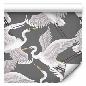 Tapisserie murale - Flying birds – a delicate pattern of white and grey herons on a grey background