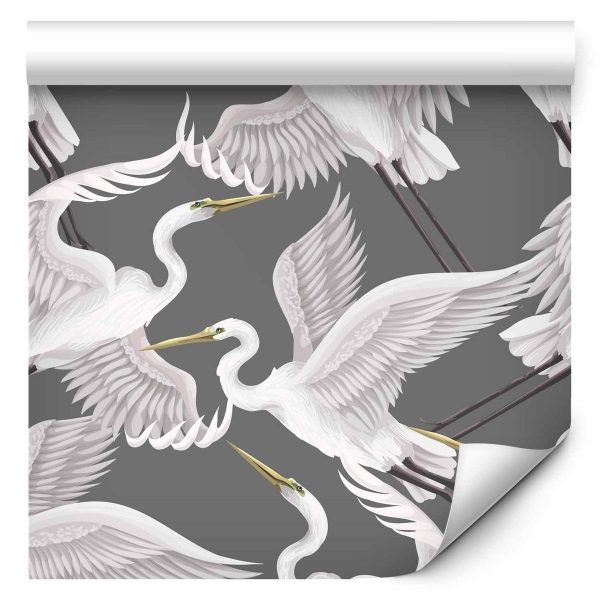 Tapisserie murale - Flying birds – a delicate pattern of white and grey herons on a grey background