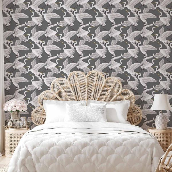 Tapisserie murale - Flying birds – a delicate pattern of white and grey herons on a grey background