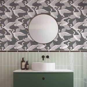 Tapisserie murale - Flying birds – a delicate pattern of white and grey herons on a grey background