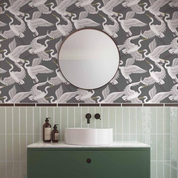 Tapisserie murale - Flying birds – a delicate pattern of white and grey herons on a grey background