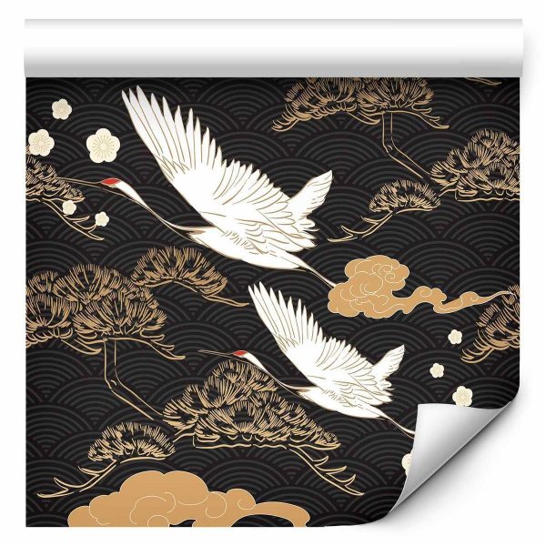 Tapisserie murale - Oriental impressions - decorative pattern with a motif of flying cranes on a dark background