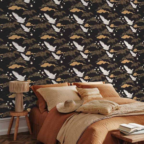 Tapisserie murale - Oriental impressions - decorative pattern with a motif of flying cranes on a dark background
