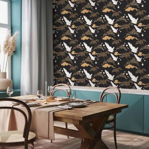 Tapisserie murale - Oriental impressions - decorative pattern with a motif of flying cranes on a dark background