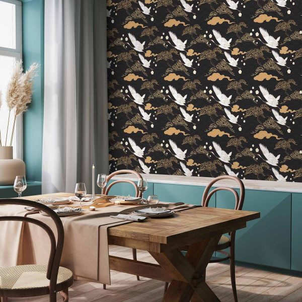 Tapisserie murale - Oriental impressions - decorative pattern with a motif of flying cranes on a dark background