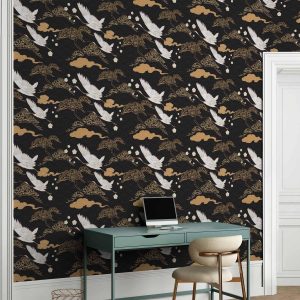 Tapisserie murale - Oriental impressions - decorative pattern with a motif of flying cranes on a dark background