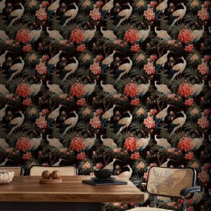 Tapisserie murale - Ornament with birds - silhouettes of cranes and peony flowers on a dark background