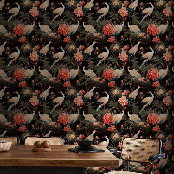 Tapisserie murale - Ornament with birds - silhouettes of cranes and peony flowers on a dark background