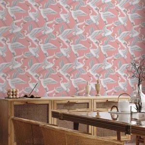 Tapisserie murale - Pastel birds – a delicate pattern of white and grey herons on a light pink background