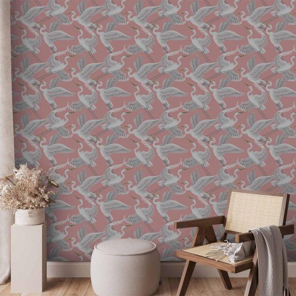 Tapisserie murale - Pastel birds – a delicate pattern of white and grey herons on a light pink background