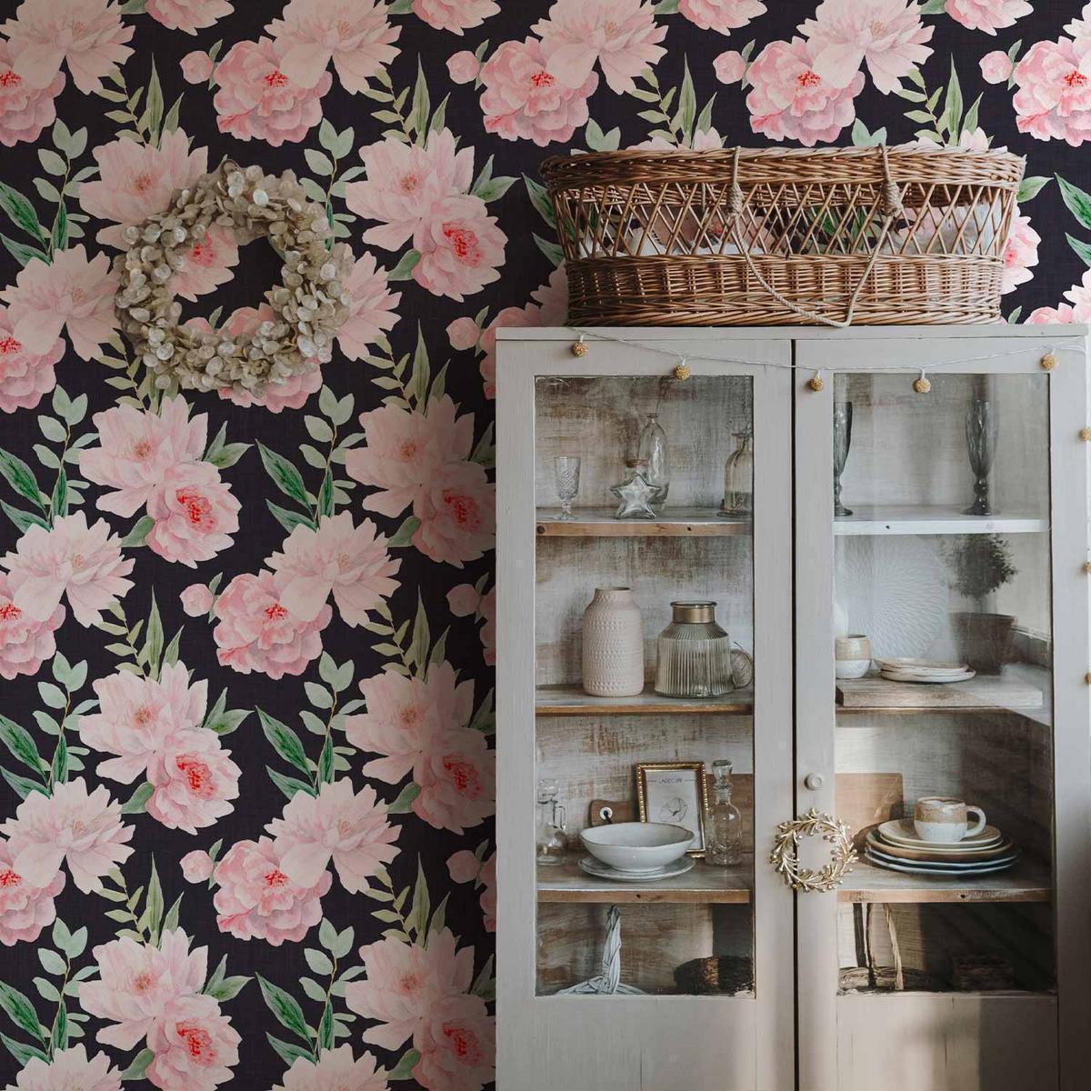 Tapisserie murale - Peonies on graphite background