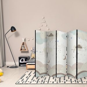 Paravent - Cloudy Night Sky - Moons in Browns and Beiges Amid Numerous Clouds and Stars on a Light Background