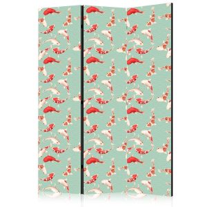 Paravent - Fish and Japanese Pattern - Koi Fish in Orange-Cream Colors on a Green-Mint Background with an Oriental Pattern