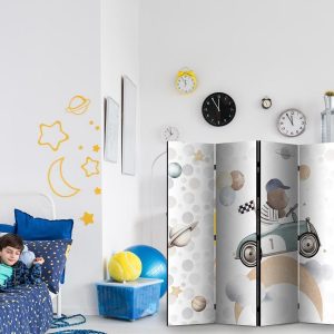 Paravent - Galactic Races - Bear Participating in Car Races Among Planets - Clouds - and Stars in Pastel Hues